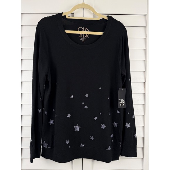 Chaser Tops - Chaser Sweatshirt XL Black Silver Glitter Star Print Long Sleeve Knit NEW